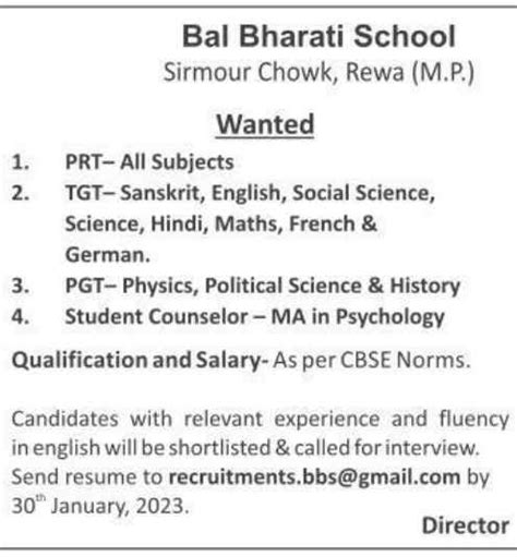 Teachers requirement in Bal Bharti school Rewa/ teacher job requirement ...