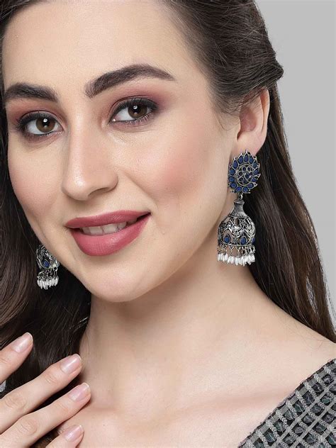 KARATCART Oxidised Silver Kundan Drop Blue Earrings for Women