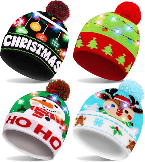 Amazon.com: Thuodo 4 Pack LED Christmas Hat, Christmas Beanie Light Up ...