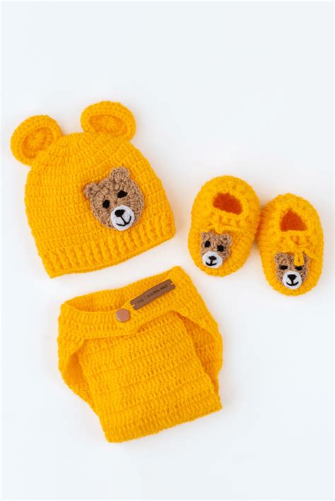 Teddy Diaper Cover, Cap & Booties- Yellow – The Original Knit