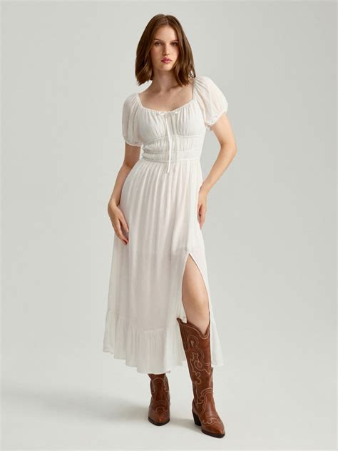 Biała sukienka midi z bufiastym rękawem - HOUSE - 353BZ-00X