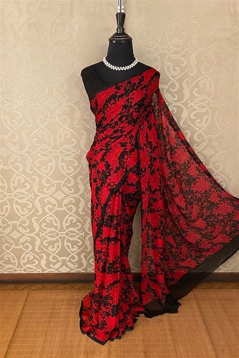 Black Red Floral Printed Chiffon Saree With Blouse Piece – Saarang Sarees