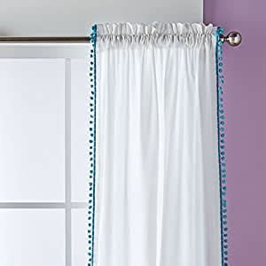 Buy Dekor World Sheer Cotton Fabric Blue Pompom Lace Rod Pocket Curtain ...
