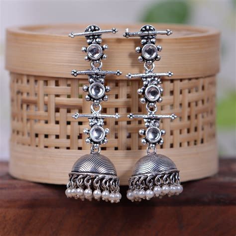 White Stone Studded Triple Layered Jhumkas – StylishKudi