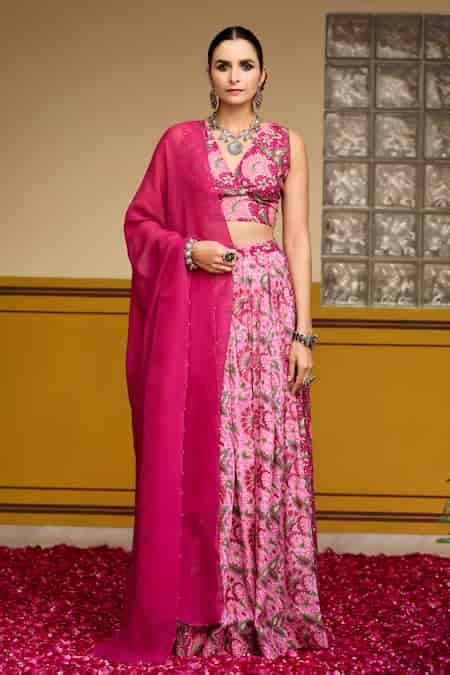 Buy Pink Muslin, Organza Embroidery V-neck Floral Print Blouse Lehenga ...