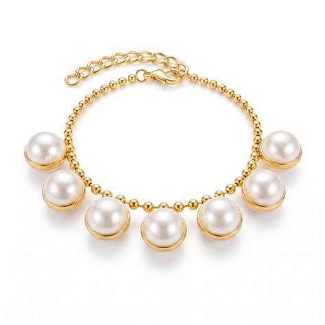 PRAO Bracelet Anti-Tarnish Studded Pearl Golden Chain (Adjustable Size
