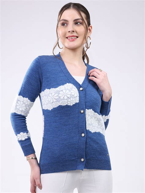 Buy Women Blue Self Design V Neck Full Sleeve Cardigan Online in India ...