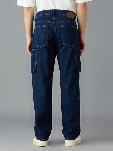 Men's Casual Wear Multi-pocket Regular Fit Navy Blue Cargo Jeans ...