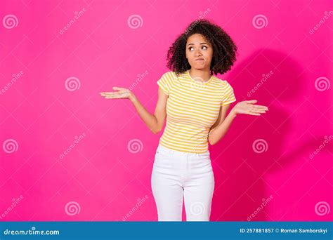 Portrait Photo of Young Nice Woman Wear T-shirt Shrug Shoulders Palms ...