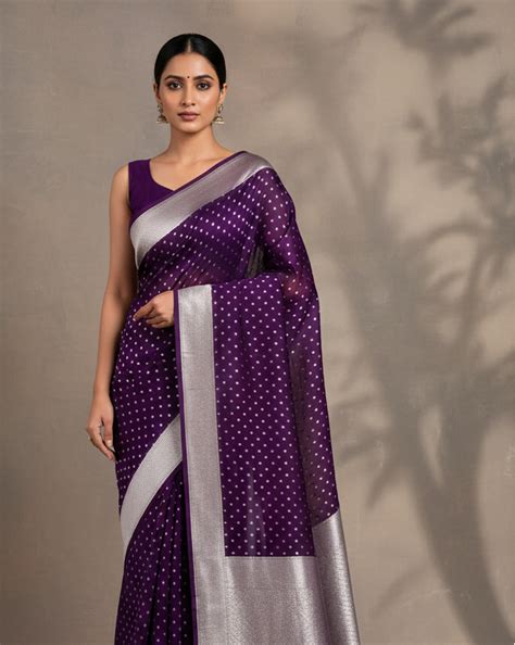 Purple Banarasi Silver Zari Polka Buti Cutwork Brocade Handwoven Khadd