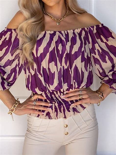 Women's Shirt Blouse Casual Print Long Sleeve Regular Tops Off Shoulder ...
