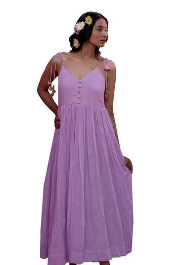 Buy Purple Cotton, Kota Doria Beads V-neck Pintucked Yoke Tie Up ...