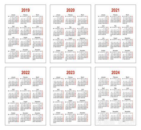 2019年、2020年、2021年、2022年、2023年和2024年的简单日历插画-正版商用图片16jqhi-摄图新视界