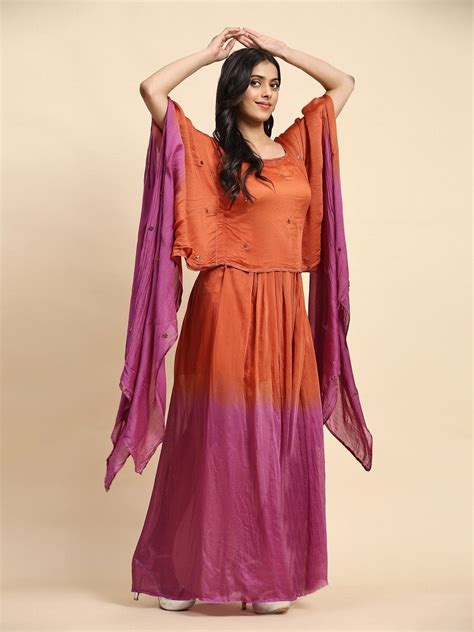 Mukaish Chanderi Dress - Rust Orange & Pink – Charkha Tales