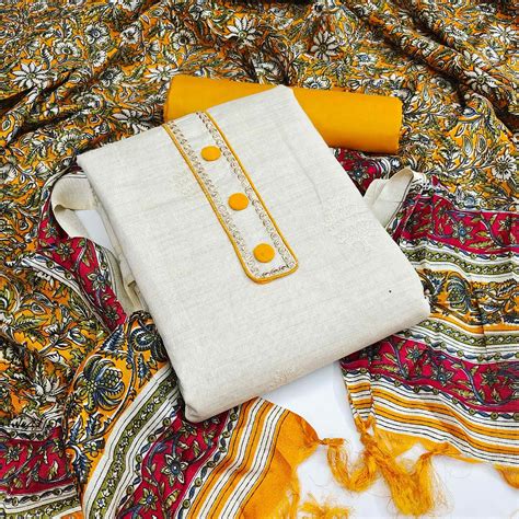 Graceful Off White-Yellow Colored Casual Embroidered Cotton Dress Mate