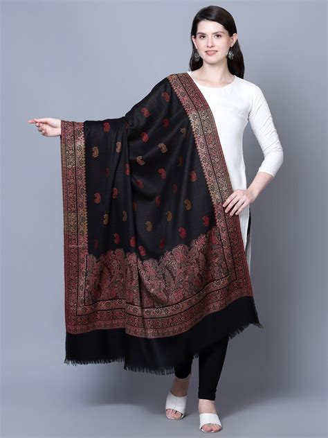 Women Royal Kashmiri Border with Paisley Jaal Fine Wool Black Shawl ...
