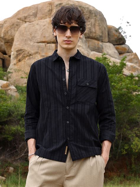₹899 | Campus Sutra men's Midnight Black Multitrack-Striped Shirt ...