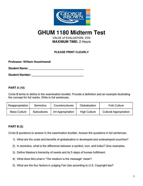 GHUM 1180 - Midterm quiz - 1 GHUM 1180 Midterm Test VALUE of EVALUATION ...