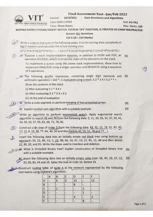 Arrear Question Paper FAT - Data Structures - Studocu