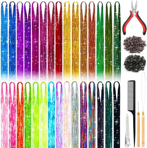 Amazon.com : 30 Shiny Colors Fairy Hair Tinsel Kit with Tools 48 Inch ...