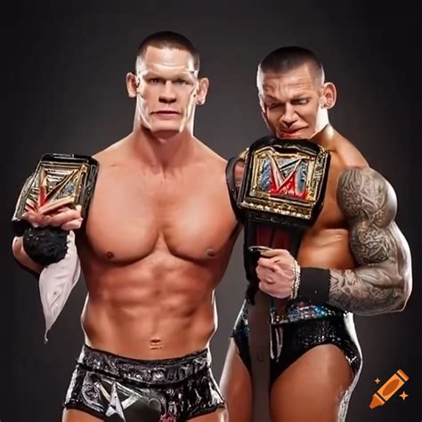 John cena and randy orton celebrating winning wwe tag team championships on Craiyon