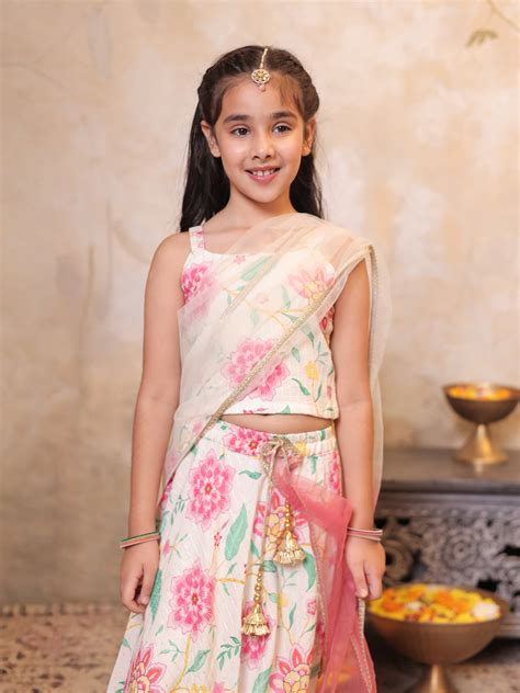 Girls Multi Color Cotton Blend Sleeveless Printed and Gotta Work Lehen ...