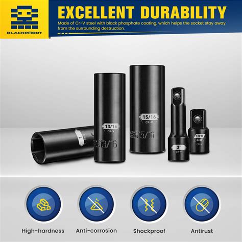 BLACKROBOT 1/2" Drive Impact Socket Set Glossy Surface, 16 Pcs Deep ...