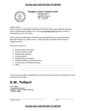 bus discipline letter Doc Template | pdfFiller