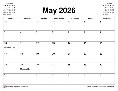 May 2026 Calendar - Inch Calculator