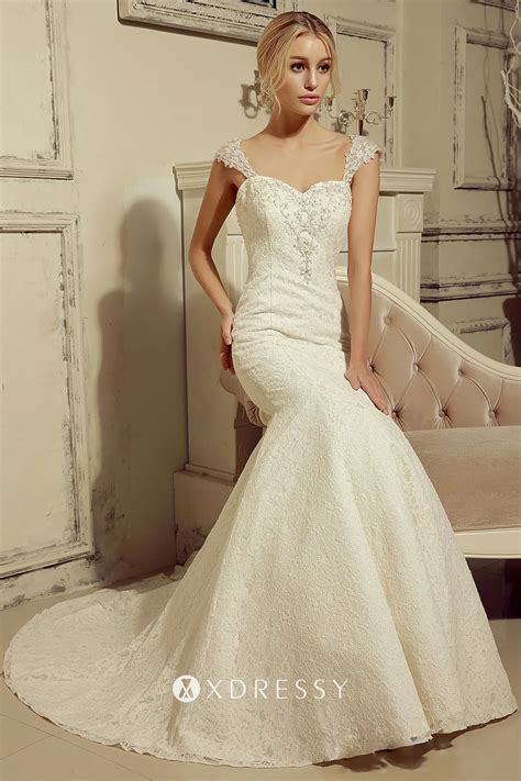 Beaded Sweetheart Ivory Lace Trumpet Wedding Dress - Xdressy