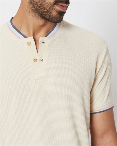 Buy Off White Textured Tipped Collar Slim Fit Henley T-shirt Online at ...