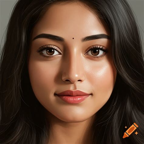 Close-up photorealistic portrait of a young Indian woman with long dark ...