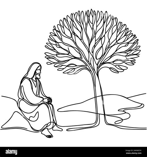 One solid line depicts Jesus Christ sitting under a tree. Isolated outline on a white background ...