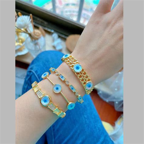 Triple Evil Eye Mother Of Pearl Slim 18K Gold Anti Tarnish Cuff Kada F ...