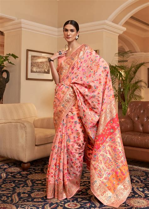 Kashmiri Jamawar Peach Saree Online Shopping India & USA – Sunasa