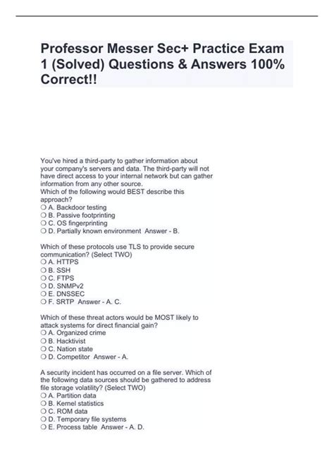 Professor Messer Sec+ Practice Exam 1 (Solved) Questions & Answers 100% ...