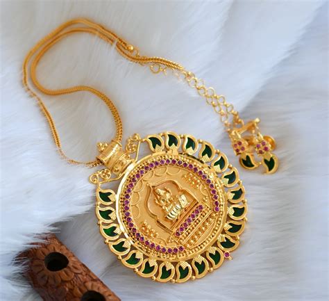 Gold tone pink stone green mango big Lakshmi pendant Kerala style neck ...