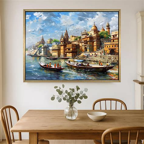 Banaras Ghats Painting Wall Art – Varanasi Riverfront with Golden Floa ...