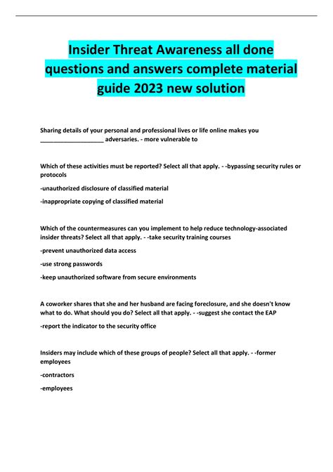 Insider Threat Awareness all done questions and answers complete ...