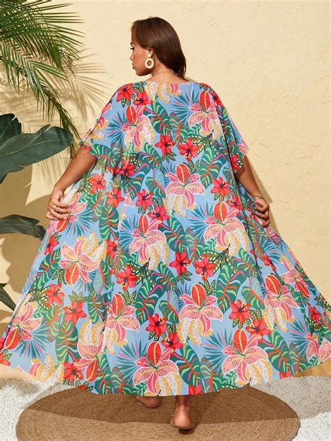 SHEIN Swim Curve 1pc Plus Size Women's Tropical Print Mesh Cover-Up ...
