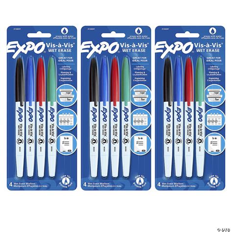EXPO Vis--Vis Wet Erase Marker Set, Fine Tip, 4 Colors Per Pack, 3 ...