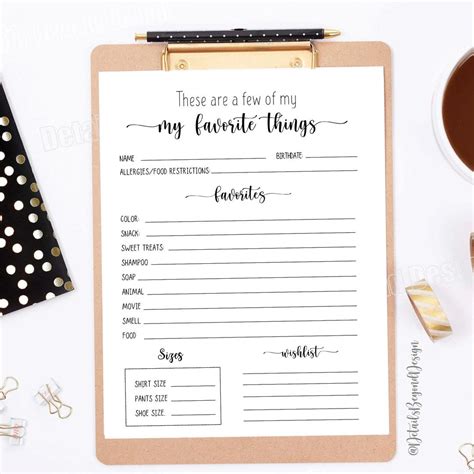 My Favorite Things - Questionnaire - Survey 8"x10" Gift Exchange ...