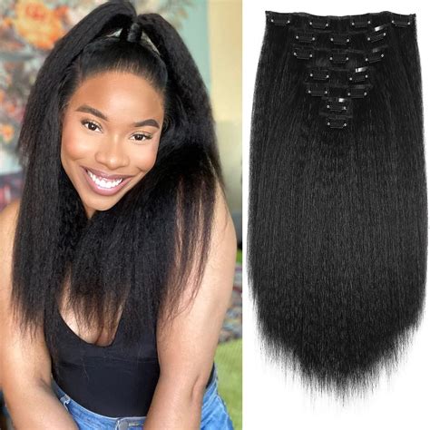 Amazon.com : LANWIUKU Kinky Straight Clip Ins Hair Extensions Real ...