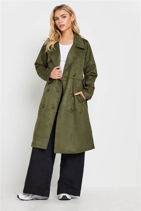 PixieGirl Petite Women's Khaki Green Faux Suede Midi Trench Coat ...