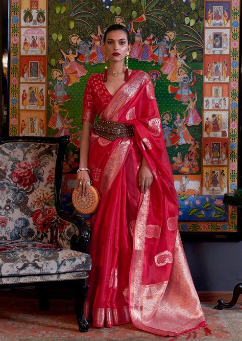 Buy Pure Handloom Organza Red Bridal Saree Online – Sunasa