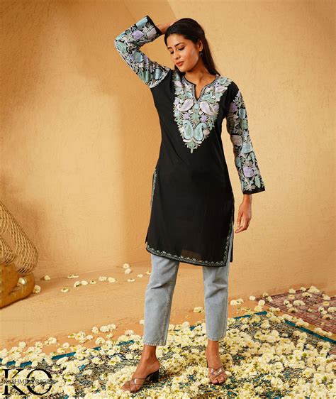 Black Arm Design Aari Embroidered Kashmiri Cotton Kurti – Kashmir origin