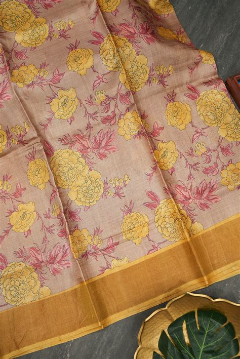Dusky Rose Floral Printed Tussar Silk Saree – Rajmahal Silks | Silk ...