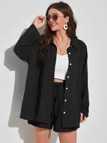 SHEIN EZwear Plus Pocket Front Drop Shoulder Blouse & Shorts | SHEIN USA