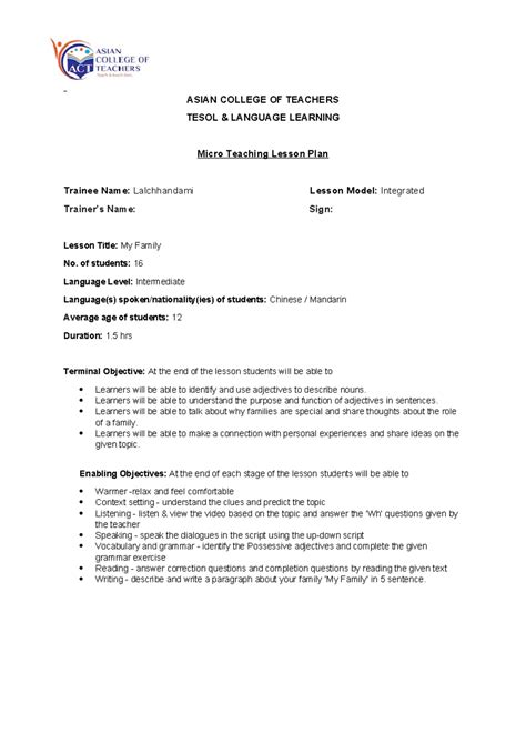 Micro Teaching Lesson Plan: My Family (Intermediate - TESOL) - Studocu