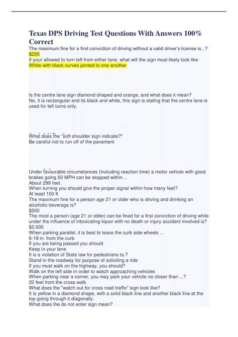 Texas DPS Driving Test Questions With Answers 100% Correct - Texas DPS ...